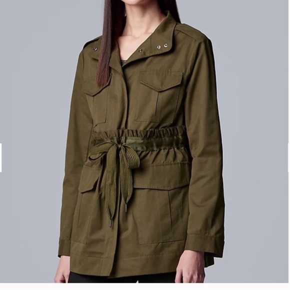 Simply Vera VeraWang Army Military Coat Jacket Feminine Ruffled Tied Waist - Picture 1 of 12